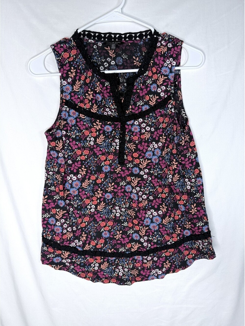 Lucky Brand Floral Sleeveless Blouse S Black Crochet Trim Boho Cottagecore